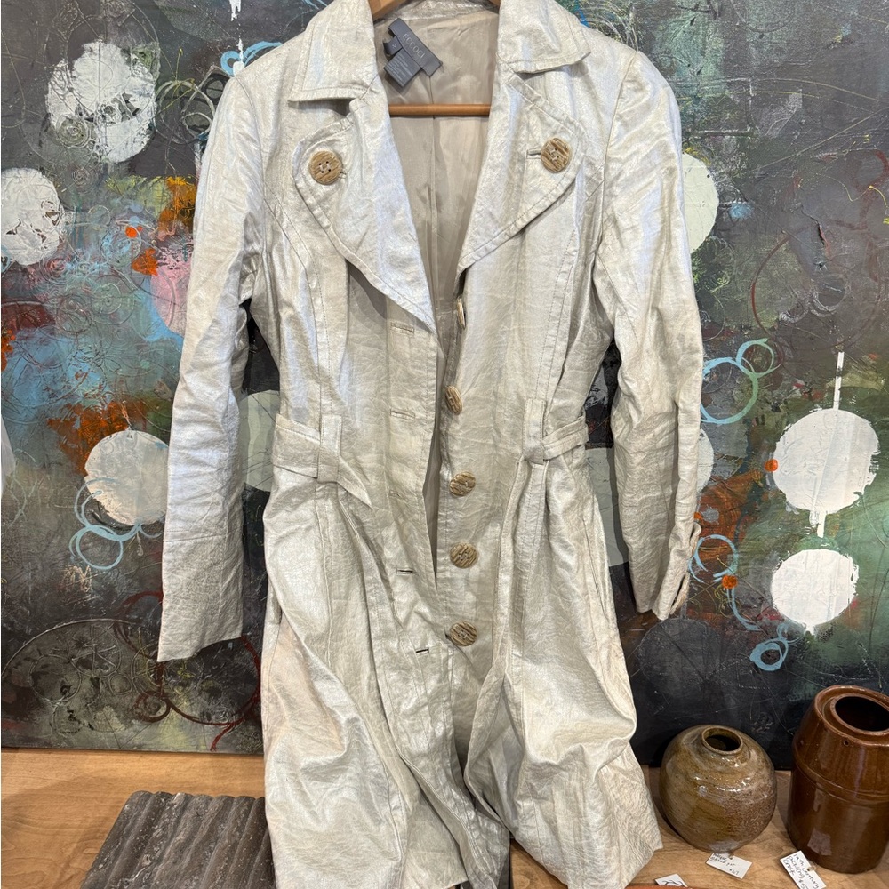 Silver Trench Coat with Classic Design and Belted Waist
